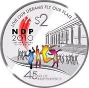 2 Dollars 45th Anniversary of Independence, Singapore, 2010 reverse image
