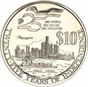 10 Dollars 25th Anniversary of Independence, Singapore, 1990 reverse image