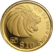 10 Dollars Gold Bullion, Singapore, 1990-1995 reverse image