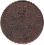 ½ Macuta - Maria II Countermark "CROWNED SHIELD" over "¼ Macuta, Maria I and Pedro III, Angola, 1837 reverse image