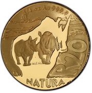 20 Rand - ¼ Ounce Natura - White Rhino, South Africa, 2009 reverse image