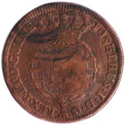 1 Macuta - Maria II Countermark "Crowned Shield" over "½ Macuta, José I", Angola, 1837 reverse image