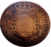 1 Macuta - Maria II Countermark CROWNED SHIELD over "½ Macuta, Maria I", Angola, 1837-1840 reverse image