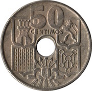 50 Centimos Arrows up, Spain, 1951-1965 reverse image