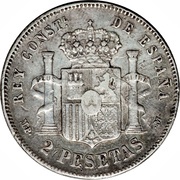 2 Pesetas - Alfonso XIII 1st portrait, Spain, 1889-1892 reverse image