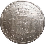 5 Pesetas - Amadeo I, Spain, 1871 reverse image