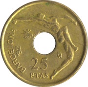 25 Pesetas - Juan Carlos I high jump, Spain, 1990-1991 reverse image