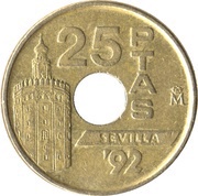 25 Pesetas Torre del Oro, Spain, 1992 reverse image