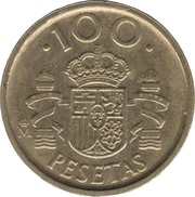 100 Pesetas - Juan Carlos I value as "100", no dots around the rim, Spain, 1992 reverse image
