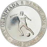 2000 Pesetas - Juan Carlos I Soccer, Spain, 1990 reverse image