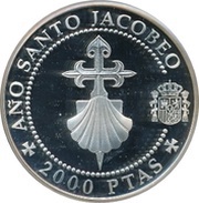 2000 Pesetas - Juan Carlos I Cross and scallop shell, Spain, 1993 reverse image