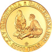 80 000 Pesetas - Juan Carlos I Two boys playing dice, Spain, 1992 reverse image