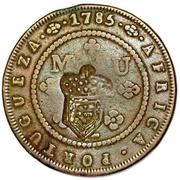 2 Macutas - Maria II Countermark CROWNED SHIELD over "1 Macuta, Maria I and Pedro III" obverse image