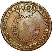 2 Macutas - Maria II Countermark CROWNED SHIELD over "1 Macuta, Maria I and Pedro III", Angola, 1837 reverse image