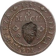 2 Macutas - Maria II Countermark CROWNED SHIELD over "1 Macuta, Maria I" obverse image