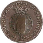 2 Macutas - Maria II Countermark CROWNED SHIELD over "1 Macuta, Maria I", Angola, 1837 reverse image
