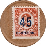 45 Centimos countermark on 2 red centimos obverse image