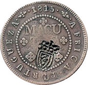 4 Macutas - Pedro V Countermark CROWNED SHIELD over "2 Macutas, João Prince" obverse image