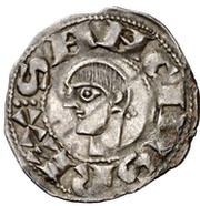 Dinero - Sancho V primitive bust to left, Spain, 1063-1094 reverse image