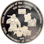 100 Guilders 700th Anniversary Helvetic Confederation / 125th Anniversary Red Cross, Suriname, 1991 reverse image