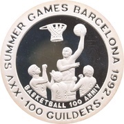 100 Guilders Olympic Games 1992 - Basketball; with 999, Suriname, 1992 reverse image