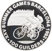 100 Guilders Olympic Games 1992 - Cycling; with 999, Suriname, 1992 reverse image