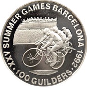 100 Guilders Olympic Games 1992 - Cycling; without 999 reverse image