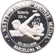 100 Guilders Anthony Nesty; 200m; Silver Proof issue, Suriname, 1992 reverse image