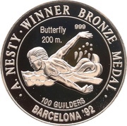 100 Guilders Anthony Nesty; 200m, Suriname, 1992 reverse image
