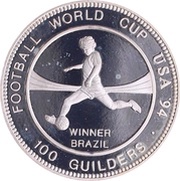 100 Guilders World Cup; Winner Brazil; .500 Silver, Suriname, 1994 reverse image