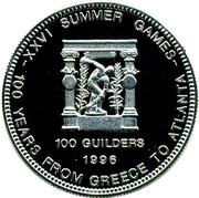 100 Guilders Olympic Games 1996; Discus Thrower; Silver Proof, Suriname, 1996 reverse image