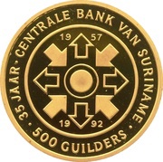 500 Guilders 35th Anniversary of Central Bank of Suriname, Suriname, 1992 reverse image
