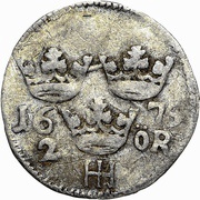 2 Öre - Charles XI Type II; Landskrona mint, Sweden, 1675-1676 reverse image