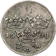 2 Mark - Charles XI Roman number; smaller bust, Sweden, 1664-1669 reverse image