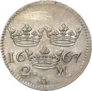 2 Mark - Charles XI Arab number; smaller bust, Sweden, 1664-1672 reverse image