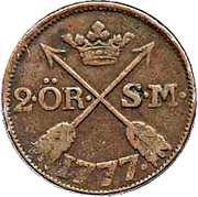 2 Öre Silvermynt - Gustav III, Sweden, 1777 reverse image