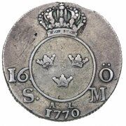 16 Öre Silvermynt - Adolf Fredrik, Sweden, 1770 reverse image