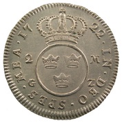2 Mark - Frederick I 1st portrait, Sweden, 1720-1722 reverse image