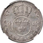 4 Mark - Frederick I 1st portrait, Sweden, 1720 reverse image
