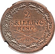 2 Skilling Banco - Oscar I large head, Sweden, 1844-1845 reverse image
