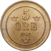 5 Öre - Oscar II small letters, Sweden, 1874-1889 reverse image