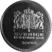 200 Kronor - Carl XVI Gustaf Royal Silver Wedding Anniversary, Sweden, 2001 reverse image