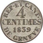 4 Centimes, Switzerland, 1839 reverse image