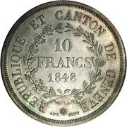 10 Francs, Switzerland, 1848-1851 reverse image