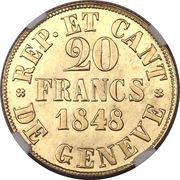 20 Francs, Switzerland, 1848 reverse image