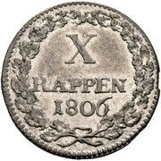 1 Batzen / 10 Rappen, Switzerland, 1804-1806 reverse image