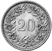 20 Rappen Helvetia; billon; pattern, Switzerland, 1875 reverse image