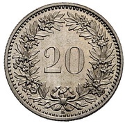 20 Rappen Helvetia; copper-nickel; pattern reverse image