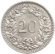 20 Rappen Libertas; nickel, Switzerland, 1881-1938 reverse image