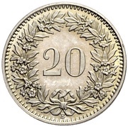 20 Rappen Libertas; copper-nickel reverse image